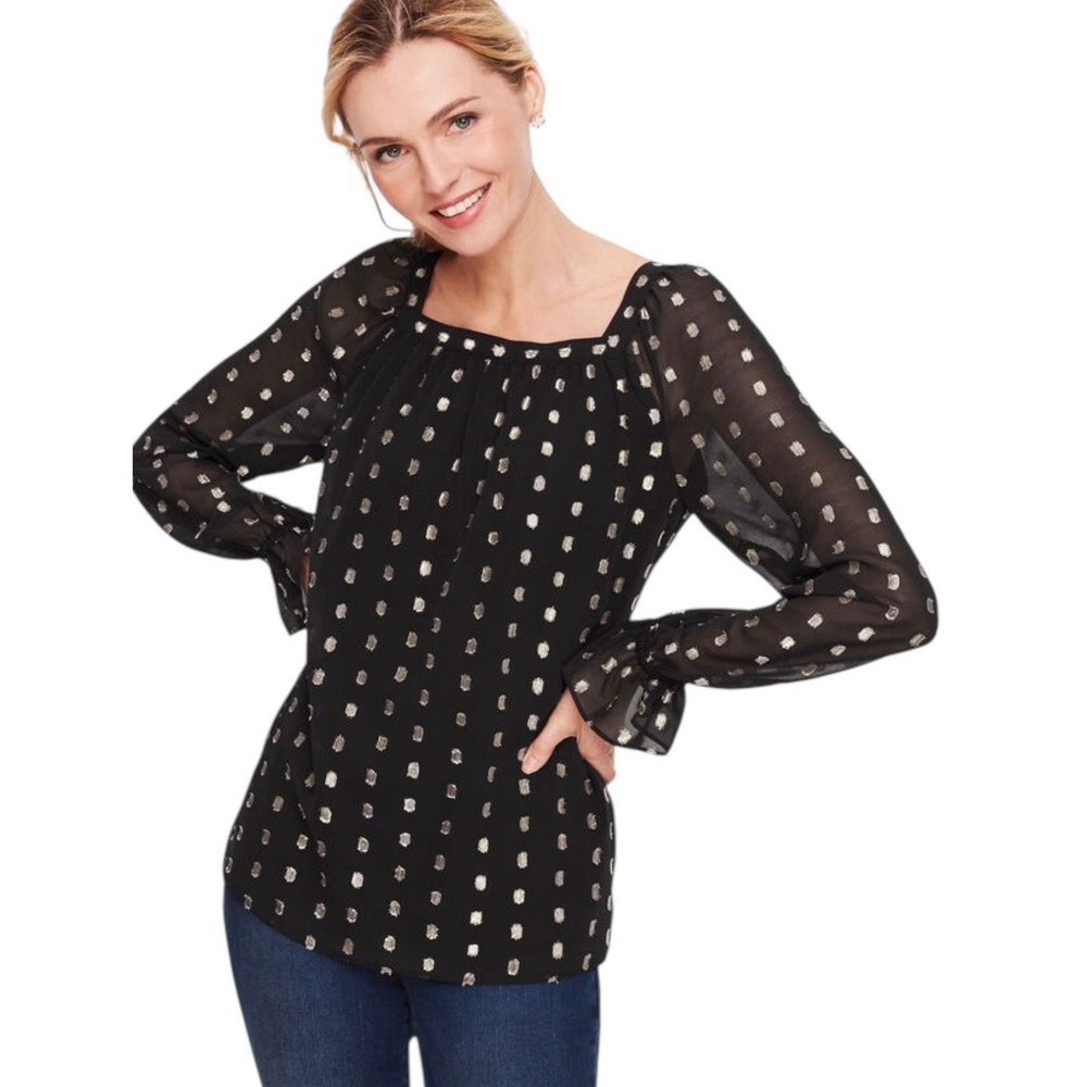 Talbots Blouse Sheer Metallic Dot Square Neck Long Sleeve Top XS